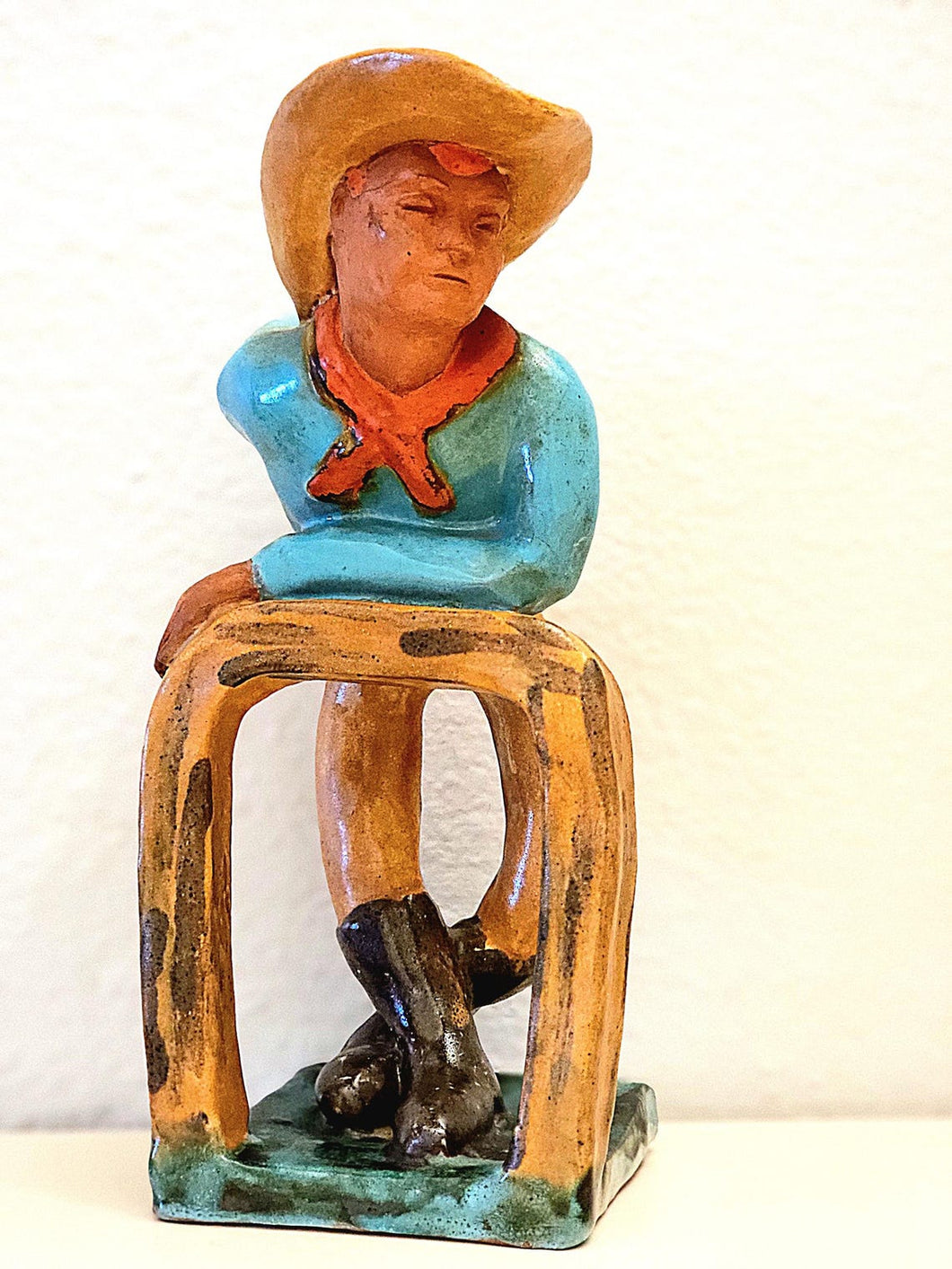 Vintage Terracotta Folk Art Cowboy and Hitching Post Figure Mid-Century Hollywood Regency